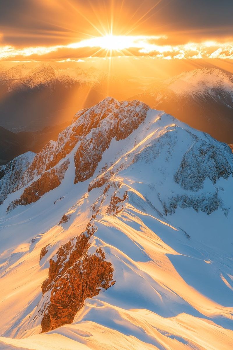 Montagne neige ciel soleil lever nuages rocher colline rayons Le soleil se couche sur une chaîne de montagnes enneigées, projetant une chaude lueur dorée à travers le paysage. Les rayons du soleil percent les nuages, créant une scène belle et sereine. Les sommets des montagnes sont couverts de neige, et les ombres des montagnes sont projetées sur la neige. Le ciel est d'un bleu profond, et les nuages sont illuminés par les rayons du soleil. L'image capture la beauté de la nature et la puissance du soleil.