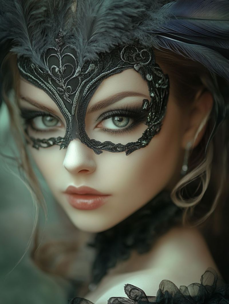 Femme masque plumes cils boucles oreilles cheveux levres visage mode accessoires bijoux robe soiree elegance luxe beaute yeux maquillage Une femme aux cheveux longs et ondulés porte un masque en dentelle noire aux motifs complexes, y compris une forme de coeur et des motifs floraux. Ses yeux sont en forme d'amande et verts, avec des sourcils et des cils bien définis. Elle a un maquillage léger, avec une touche de rose sur ses lèvres. La femme est vêtue d'une robe en dentelle noire avec un col haut et de longues manches. L'arrière-plan est flou, et l'éclairage est doux, créant une atmosphère mystérieuse et élégante