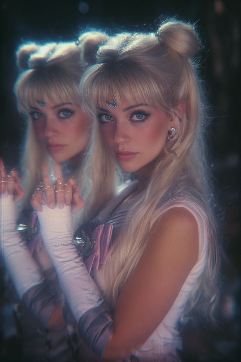 Woman mirror reflection cosplay anime fantasy fictional makeup costume jewelry earrings gloves outfit fashion beauty A woman with long blonde hair styled in two high ponytails with decorative hair accessories is looking directly at the camera. She is wearing a white and pink outfit with a silver belt and white gloves. Her face is adorned with makeup, including eyeshadow, eyeliner, and a small silver accessory on her forehead. Behind her, there is a reflection of another woman with similar features and attire, creating a mirrored effect. The background is dark, and the lighting highlights the woman's face and outfit.