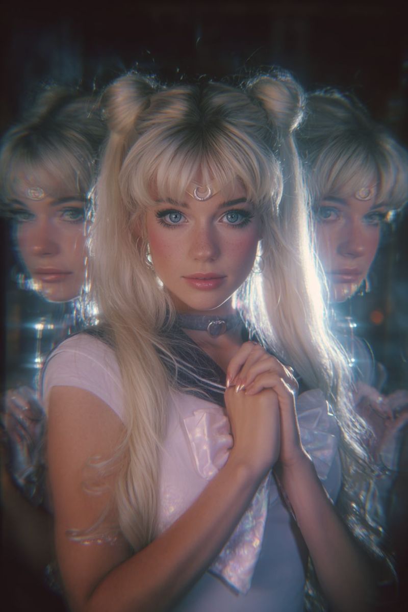 Woman eyes lips neck necklace earrings ear hairstyle reflection mirror lighting fashion beauty anime accessories A woman with long blonde hair styled in two high ponytails with silver rings, wearing a pink top and a choker necklace with a pendant. She has her hands clasped together in front of her chest. Behind her, there are two other women with similar hairstyles and makeup, appearing as reflections. The background is dark, and the image has a slightly blurry effect.