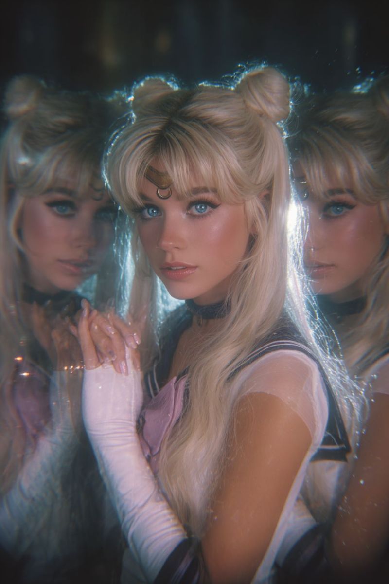 Anime cosplay cosplayer Three women with long blonde hair are standing in front of a mirror, each wearing a sailor-themed outfit. The woman in the center has her hair styled in a high ponytail with a golden circle on her forehead, and she is wearing a white and pink sailor uniform with a black choker. The woman on the left has her hair styled in a bun and is wearing a similar outfit. The woman on the right has her hair styled in a ponytail and is also wearing a sailor uniform. The image has a slightly blurry effect.