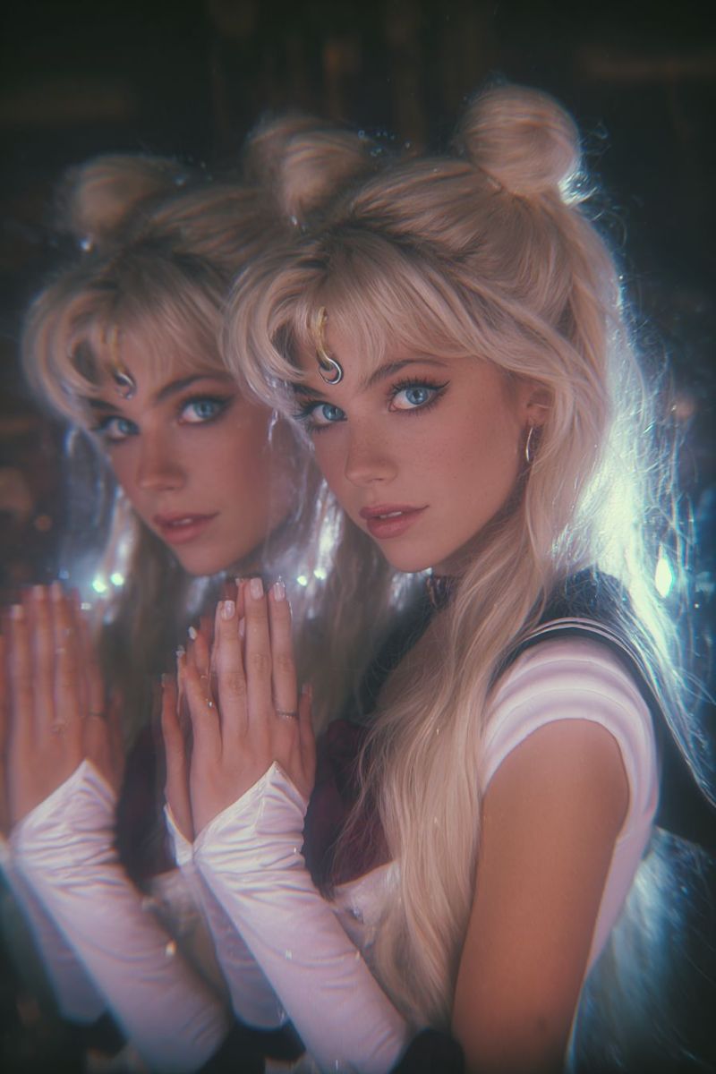 Anime cosplay fantasy mirror reflection sailor moon girl fan Two women with long blonde hair styled in high buns with decorative pins are standing in front of a mirror. They are wearing matching outfits consisting of a white top, a black vest, and white gloves. Their faces are illuminated by a soft light, and they have their hands clasped together in front of them. The woman on the right has a slight smile on her face, while the woman on the left has her eyes closed. The background is dark, and there is a reflection of the women in the mirror.