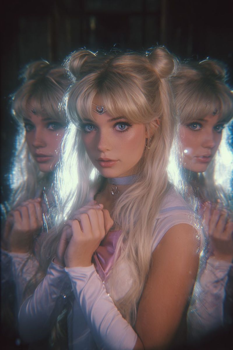 Femme cosplay fantaisie magie miroir reflet blonde bijoux collier boucles oreilles yeux mains doigts maquillage costume ongle Trois femmes aux longs cheveux blonds se tiennent devant un miroir, chacune portant une chemise blanche à manches longues et un débardeur rose. La femme au centre a ses cheveux coiffés en deux queues-de-cheval hautes avec un accessoire argenté en forme de coeur sur le front. Elle porte un ras-du-cou violet et a les mains jointes. Les deux femmes de chaque côté d'elle portent également des tenues similaires, et leurs reflets sont visibles dans le miroir derrière elles. Le fond est sombre et l'éclairage est concentré sur les femmes