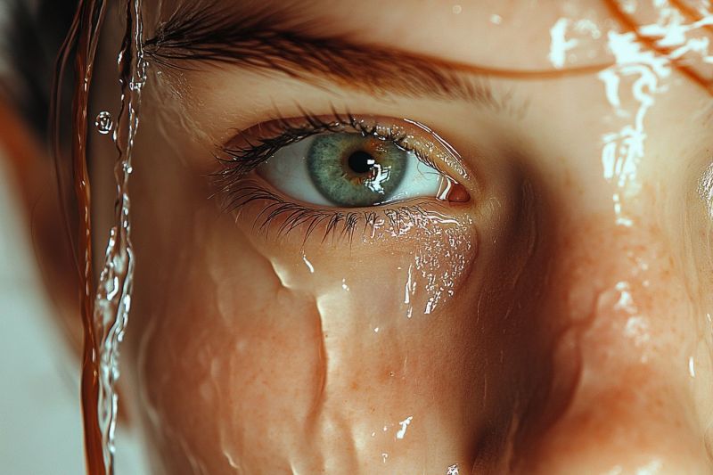 Woman water dripping crystalline droplet intense gaze teary eye facial expression emotional state Woman water dripping crystalline droplet intense gaze teary eye facial expression emotional state