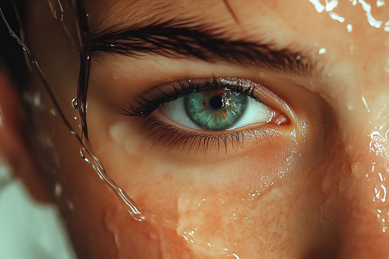 Woman eye wet skin droplets water reflection aqua crystal blue glowing person's face, focusing on the area around the eyes. There are visible water droplets or liquid on the skin, particularly around the eyelashes and surrounding areas. The individual has light-colored eyes with a blueish hue and a well-defined eyeliner, which is dark in color. The skin tone is fair, and there's a noticeable glisten on the surface, likely due to the water droplets or a reflective substance. The person seems to have a light beard around the jawline. There are no visible texts or distinctive markings that would provide additional context. The image has a shallow depth of field with the eyes in clear focus while the background is blurred, which highlights the subject.