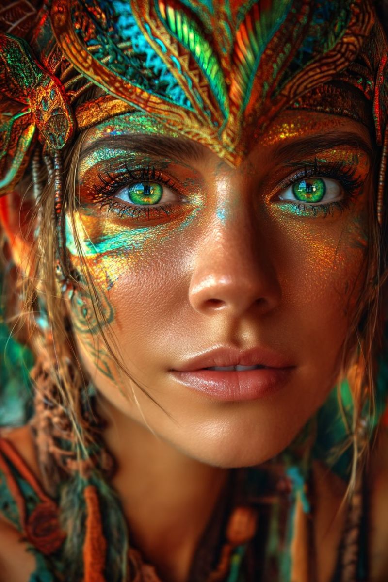 Woman makeup eyeliner eyelashes eyebrows paint eye shadow painting design ideas inspiration techniques tutorial video A woman with striking green eyes is adorned with vibrant, iridescent makeup that covers her face and extends to her hair. The makeup features a mix of gold, blue, and green hues, creating a shimmering effect. Her face is painted with intricate designs that resemble feathers, adding to the mystical appearance. Her lips are lightly touched with pink, and her hair is styled with feathers and beads, enhancing the overall exotic look. The background is blurred, focusing attention on her face and the detailed makeup.