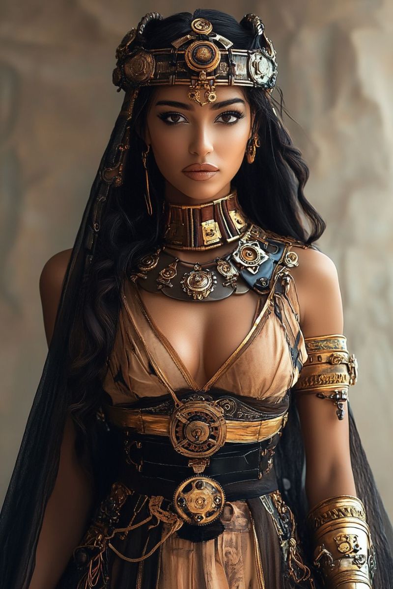 Femme egyptien ancien armure fantasy deesse accessoire attire detaillee bijou Une fenêtre de verre coloré représentant un groupe de figures qui paraissent être desanges ou des enfants de Dieu sont illustrées dans un style réaliste avec des couleurs vives, principalement se caractérisent par des nuances de vert, de rouge et d'or. Chaque figure a des ailes et tient ce qui semble être un instrument musical. La figure centrale semble jouer un instrument tandis que les autres regardent, certains tenant des instruments comme des luths ou des harpes. Le fond de la fenêtre de verre suggère une scène nocturne avec des étoiles qui brillaient contre le ciel sombre, ce qui ajoute une qualité onirique à l'œuvre d'art. À la base de la fenêtre, il y a un bord coloré qui entoure tout le morceau, en renforçant son attrait esthétique. La maîtrise et les détails du verre coloré lui donnent une apparence complexe et ornée.