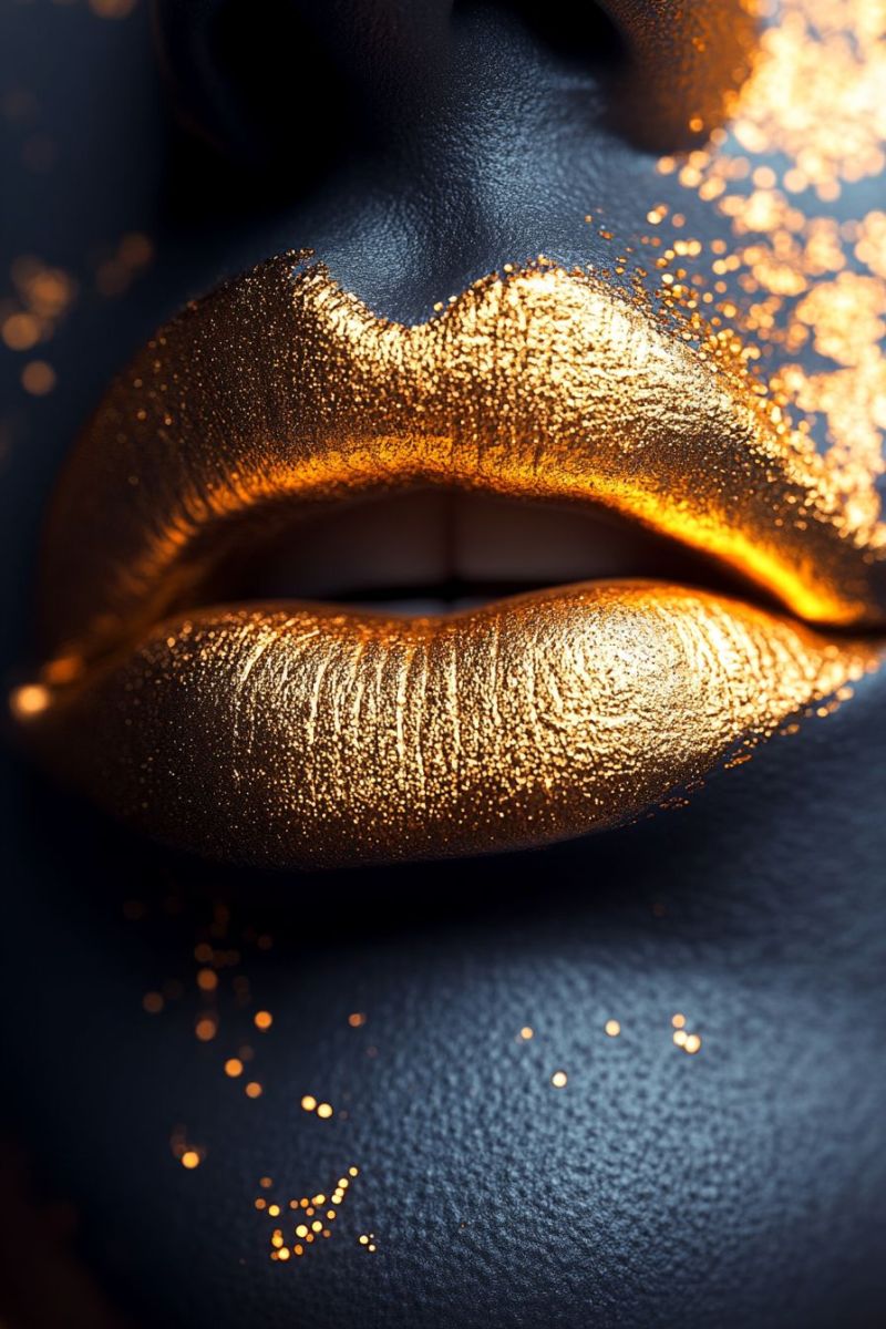 Gold lipstick lip gloss makeup glittery lips sparkles fashion trend cosmetic advertisement highlighting product glamorous The image appears to be a close-up photograph focusing on the lips of a person. There is gold glitter or substance applied around and over the lips, giving the impression that they are encased in a golden substance. The background is dark and does not provide any distinguishable features, directing attention solely to the lips and the golden material surrounding them. The texture of the golden material looks metallic and shimmery, which creates a dramatic contrast against the darker tones of the person's skin.