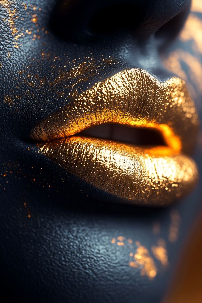 Gold makeup highlighted beauty cosmetic glitter vivid lipstick glamorous golden eye look glittering skin highlight metallic closeup close-up of an individual wearing a gold-colored makeup that accentuates the lips and part of the face, giving it a glossy appearance. The makeup has a metallic sheen and is textured with what appears to be glitter or sparkles embedded within it. The color contrasts sharply with the skin tone of the person underneath, enhancing the gold effect. There are no visible texts or distinguishing marks that indicate any actions or expressions beyond the visual appearance of the makeup on the individual's face.