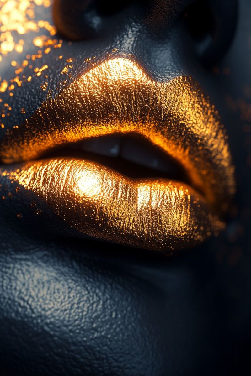 Lips gold glittery mouth closeup beauty makeup fashion trendy cosmetic gloss luxury highlighted paint picturesque coastal area with a variety of recreational activities and facilities, set against a backdrop of water and greenery.