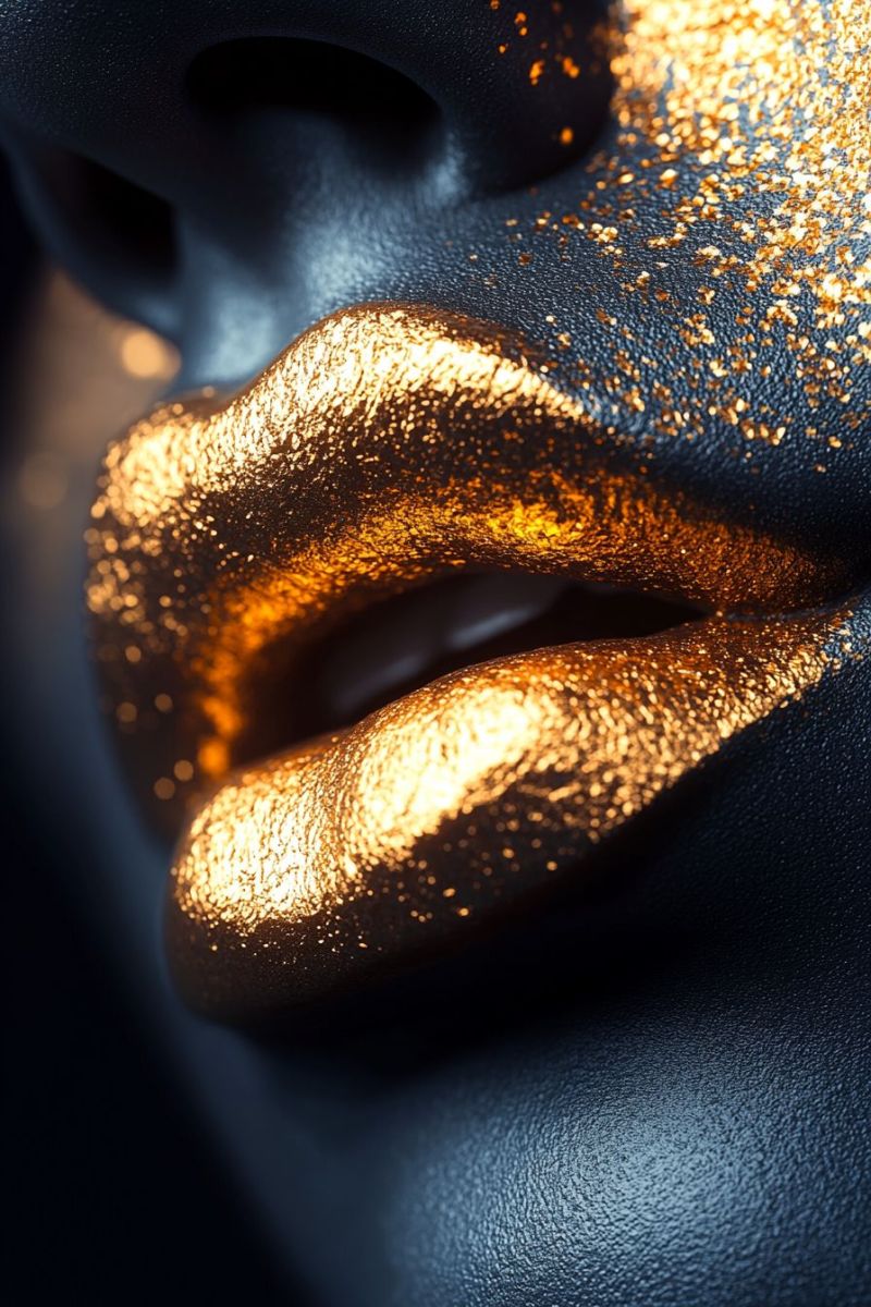 Gold makeup glitter glamorous cosmetic artistry beauty fashion highlighted skin vivid creative design human expression through glittery The image displays a close-up of a golden, metallic lip mask against a dark background. The lips are stylized with a glossy and textured appearance that mimics the look of liquid gold. The golden lipstick has a glittering texture, suggesting it could be a real substance. The rest of the face is obscured in shadows, drawing focus to the lips. There are no visible texts or brands within the image. The style of the image is artistic and appears to be digitally manipulated to emphasize the golden lip effect.