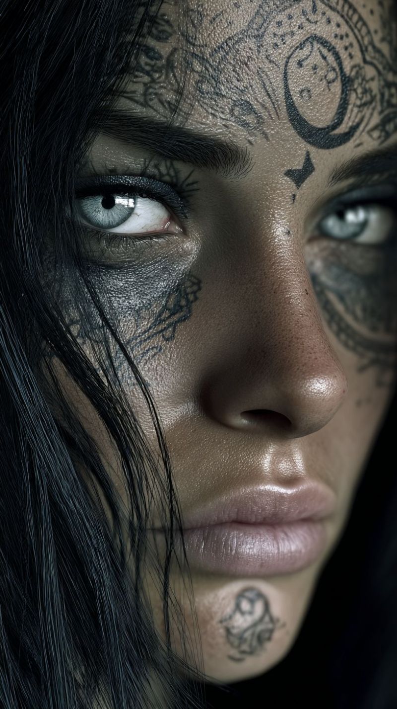 Tattoo skin eye woman design beauty makeup paint drawing painting sketch A close-up portrait of a woman with dark, wavy hair framing her face. Her skin is adorned with intricate, dark tattoos that cover her forehead, cheeks, and chin. The tattoos include a large, circular design on her right cheek, a smaller circular design on her left cheek, and a star-like pattern on her right temple. Her eyes are almond-shaped with long, dark lashes, and her lips are slightly parted, revealing a hint of pink. The woman's expression is serious, and the lighting highlights the details of her tattoos and facial features.
