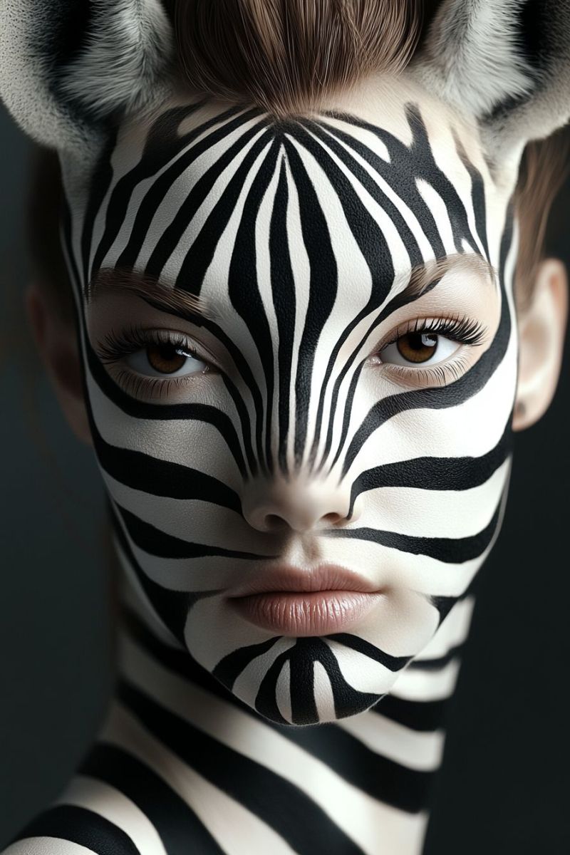 Maquillage oeil zebre visage strie lignes noires animalier creatif stylise Maquillage oeil zebre visage strie lignes noires animalier creatif stylise