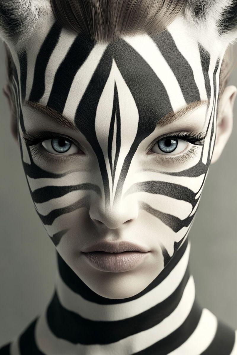 Zebra makeup striking bold design unique fashion trendy animal eyes lips runway garde creative stylized modern edgy beauty transformation person with striking makeup and accessories. They have a face painted in black and white stripes, reminiscent of a zebra pattern, which is consistent throughout the rest of their appearance. This includes their eye shadow, lips, and even part of the hair on their head, creating a cohesive look. The person's hair is styled in an updo, and it appears to be black, providing a nice contrast to the white elements of their makeup. They have light skin and are wearing elaborate face paint with bold, black and white stripes extending from the eyes down to the lips. Additionally, they have intricate body art that continues the zebra theme, with detailed black lines on their forehead, cheeks, and neck. Their eyes are done in a dramatic style, with dark eye shadow that could be interpreted as having eyeliner or even an additional element that might suggest an animal-like feature such as a zebra's eyelashes or stripes around the eyes. The makeup is highly detailed and precise, suggesting it might be done with airbrushing techniques or by using very high-quality cosmetics designed for detailed artistry. The person has a neutral expression on their face, and their pose appears to be static, possibly posed for a portrait or a similar type of image. The lighting in the photo is soft, enhancing the sharpness of the face paint and the texture of the skin. The overall composition of the image suggests it might have been taken by a professional makeup artist or photographer specializing in creative portraiture or avant-garde fashion photography.