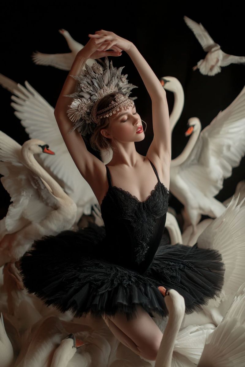 Ballet ballerine performance grace cygne plumes costume maquillage expression ombre elegance beaute choregraphie theatre Une ballerine en tutu noir et haut en dentelle est posée avec grâce, les bras levés, entourée de cygnes blancs. Les cygnes sont représentés dans diverses poses, certains avec les ailes déployées, créant une scène dynamique et élégante. La ballerine porte un diadème de plumes et a les yeux fermés, ajoutant à l'atmosphère sereine et artistique. Le fond est sombre, accentuant le contraste et le focus sur la ballerine et les cygnes.