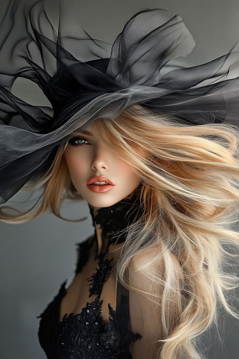 Female fashion elegance hat bridal wedding accessory couture hairstyle woman with long blonde hair, which is elegantly styled. She has fair skin and is wearing makeup that includes defined eyebrows, mascara, and lips in a light color. Her eyes are highlighted with what appears to be eyeshadow. She's sporting a black feathered hat with a large brim and a veil that extends outward from the crown of her head. The woman is also wearing a dark-colored, lacy garment, which could suggest an evening or formal occasion attire. The neckline of the outfit is adorned with beads, adding a touch of embellishment. Additionally, she's wearing what looks like a black choker around her neck. She has a neutral expression on her face and is looking off to the side. Her posture is relaxed yet poised. The woman is set against a simple, gray background which does not distract from her appearance.