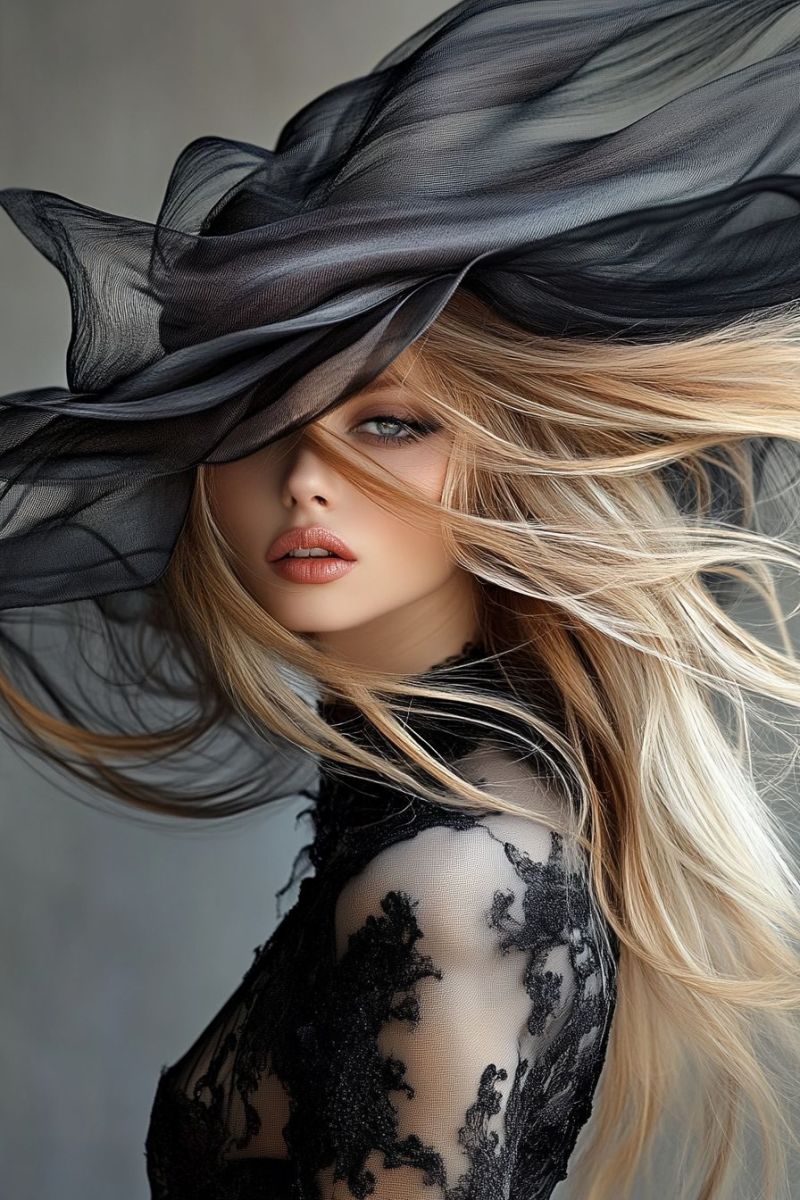 Woman hair fashion gender diversity clothing dramatic shadow feather headpiece female beauty windblown woman with blonde hair and striking blue eyes. She is wearing an elaborate dress and a large, black feathered hat that resembles a bird in flight. Her gaze is directed slightly to the side and above her head, and she has a neutral expression on her face. The background is soft and blurred, putting the focus entirely on the woman. There are no texts visible in the image.