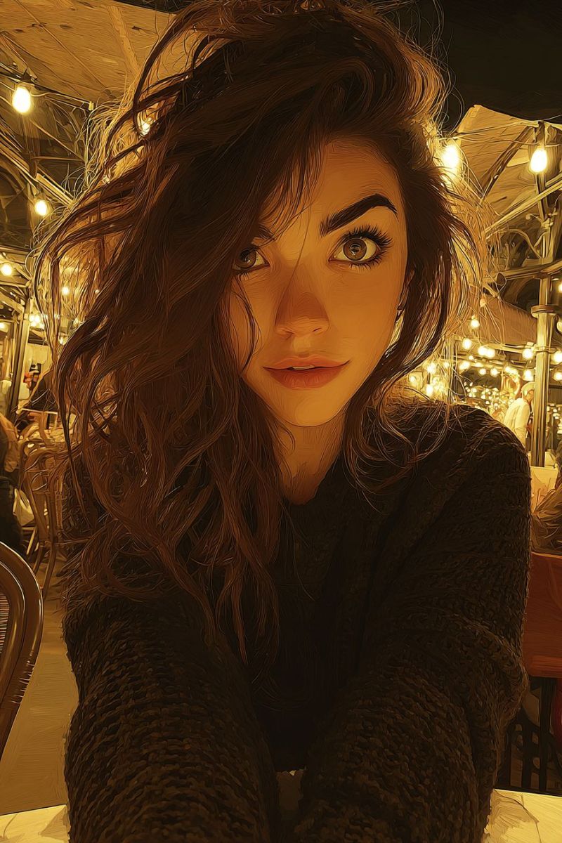 Femme visage oeil sourire coiffure beaute maquillage levre peau mascara eyeliner fard joues illuminateur Une femme aux longs cheveux bruns ondulés est assise dans un restaurant. Elle porte un pull sombre en maille et a les mains posées sur la table. Son visage est éclairé par des lumières jaunes et chaleureuses, et elle a des sourcils arqués, des yeux bruns et un léger sourire. Derrière elle, il y a des chaises et des tables, et le plafond est orné de lumières suspendues. L'atmosphère est chaleureuse et confortable.