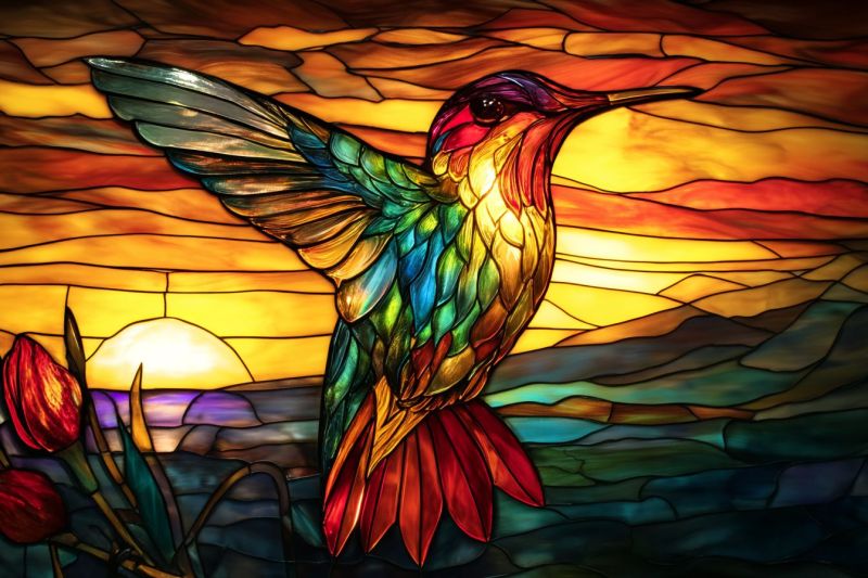 Bird birds decorative design flower flowers glass hummingbird mosaic nature pattern sunset sun tulip vibrant stained glass window depicting a hummingbird in mid-flight. The bird is colorful, with wings spread wide, showcasing a mix of green, blue, yellow, and red hues. The background of the window is a sunset, with warm yellows, oranges, and reds blending into cooler blues and purples. Below the bird, there are red tulips with long, slender petals, adding a touch of floral beauty to the scene. The overall effect is one of dynamic motion and rich, warm colors.