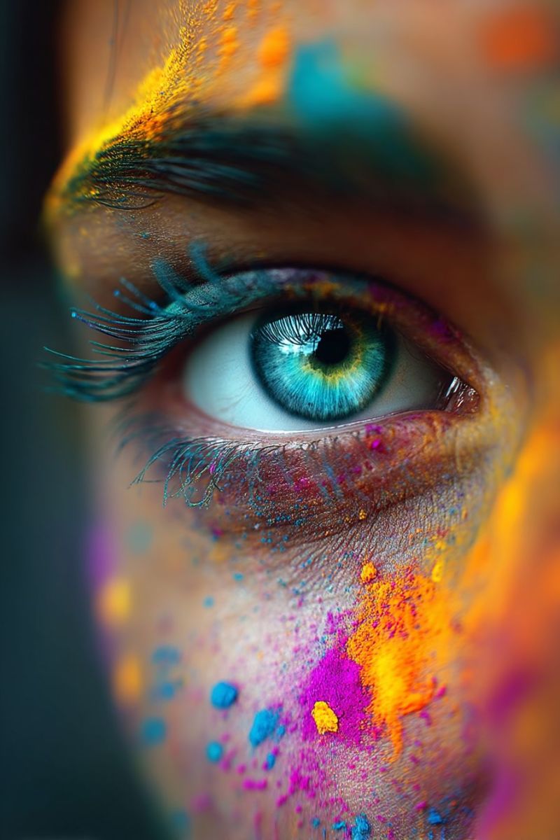 Oeil visage maquillage poudre beaute peau cil sourcil eyeliner fard paupieres Une vue rapprochée du visage d'une personne avec des poudres vibrantes et colorées éparpillées autour de la zone des yeux et des joues. L'oeil est particulièrement mis en valeur, présentant une iris bleue saisissante avec une touche de jaune, entourée de cils épais et foncés. La peau autour de l'oeil est saupoudrée d'un mélange de poudres jaunes, bleues, roses et orange, créant un look festif et artistique. Les poudres sont dispersées de manière à ajouter de la texture et de la profondeur à l'image, certaines zones apparaissant plus concentrées que d'autres. L'effet global est celui de la créativité et de la célébration, avec les couleurs se mélangeant de manière visuellement attrayante
