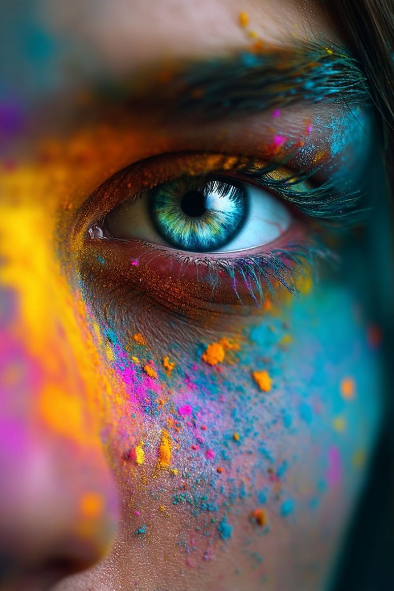 Eye makeup eyeliner eyelashes eyebrows paint shadow contact tutorial ideas look tips products trends inspiration techniques A close-up view of a woman's face with vibrant, multicolored powders scattered around her eye. The powders include shades of blue, yellow, orange, pink, and purple. Her eye is slightly open, revealing a green iris and long, dark eyelashes. The powders create a festive and artistic effect, suggesting she might be participating in a celebration or cultural event.
