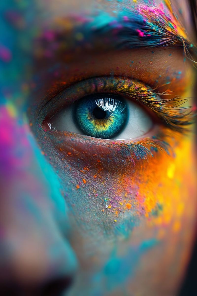Eye makeup beauty texture pattern pigment splatter smudge splotch A close-up view of a person's eye, heavily adorned with vibrant, multicolored powders. The eye itself is blue with a hint of green, and the iris is surrounded by a ring of darker blue. The eyelashes are thick and long, and the skin around the eye is dusted with a mix of blue, pink, yellow, and orange powders. The powders create a sparkling, festive effect, suggesting the person is participating in a celebration or cultural event.
