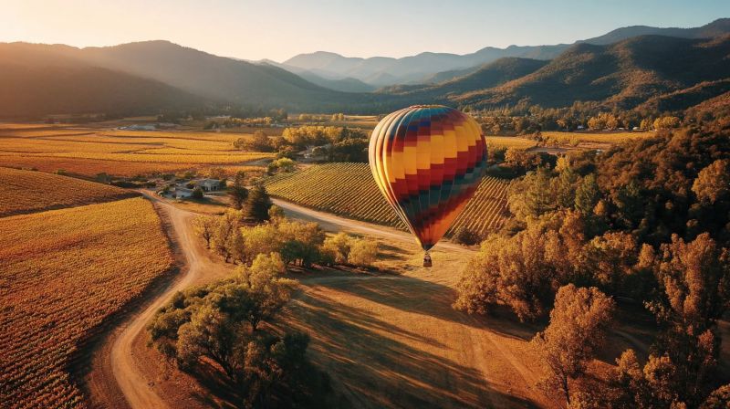 Vineyard mountains countryside trees sunset sky colorful adventure travel tourism nature outdoors flight ballooning harvest grapevines hot air balloon A vibrant hot air balloon with a colorful pattern floats gracefully above a vast, golden vineyard. The balloon is tethered to the ground by a long rope, casting a shadow on the dry, golden-brown earth below. The vineyard stretches out in all directions, with rows of grapevines neatly aligned. In the distance, a winding dirt road cuts through the vineyard, leading to a small house nestled among the trees. The landscape is framed by a back of rolling hills and mountains, with the sun setting in the horizon, casting a warm, golden glow over the entire scene.