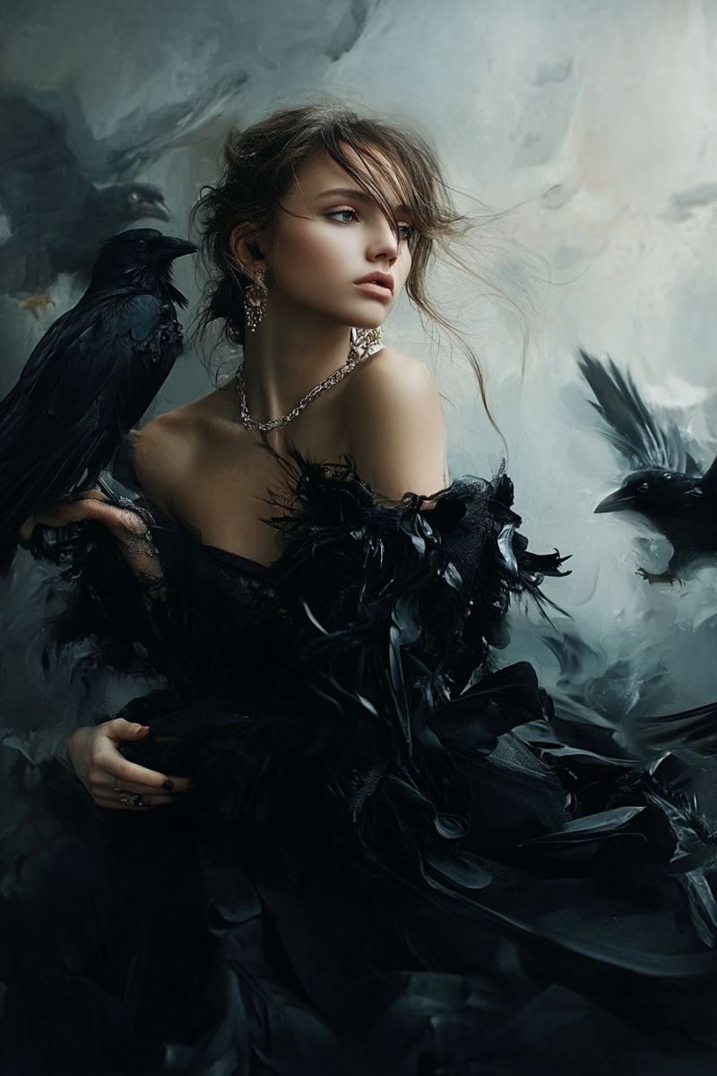 Woman dress feathers crow earrings necklace hair wings feather fashion beauty elegant mystical A woman with dark hair is dressed in a flowing black gown adorned with feathers. She wears a silver necklace and earrings, and her hair is styled in loose waves. She holds a black crow on her shoulder, and another crow is flying nearby. The background is a blend of gray and white, creating a mystical atmosphere.