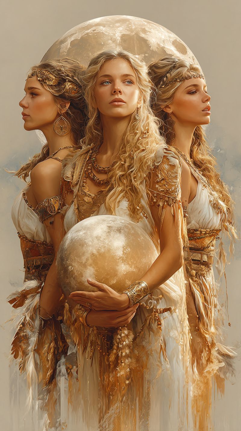 Fantaisie femme deesse lune celeste mythologie ancienne bijoux couronne boucles oreilles collier robe ombre Trois femmes se tiennent en rang, chacune portant une robe blanche ornée d'accents dorés. La femme du centre tient une grande lune lumineuse dans ses mains, son expression sereine et concentrée. La femme à sa gauche regarde de côté, tandis que la femme à sa droite regarde directement le spectateur. Les trois femmes ont de longs cheveux fluides et portent des bandeaux dorés aux motifs complexes. Derrière elles, une grande lune lumineuse est représentée, projetant une lumière chaude sur la scène.