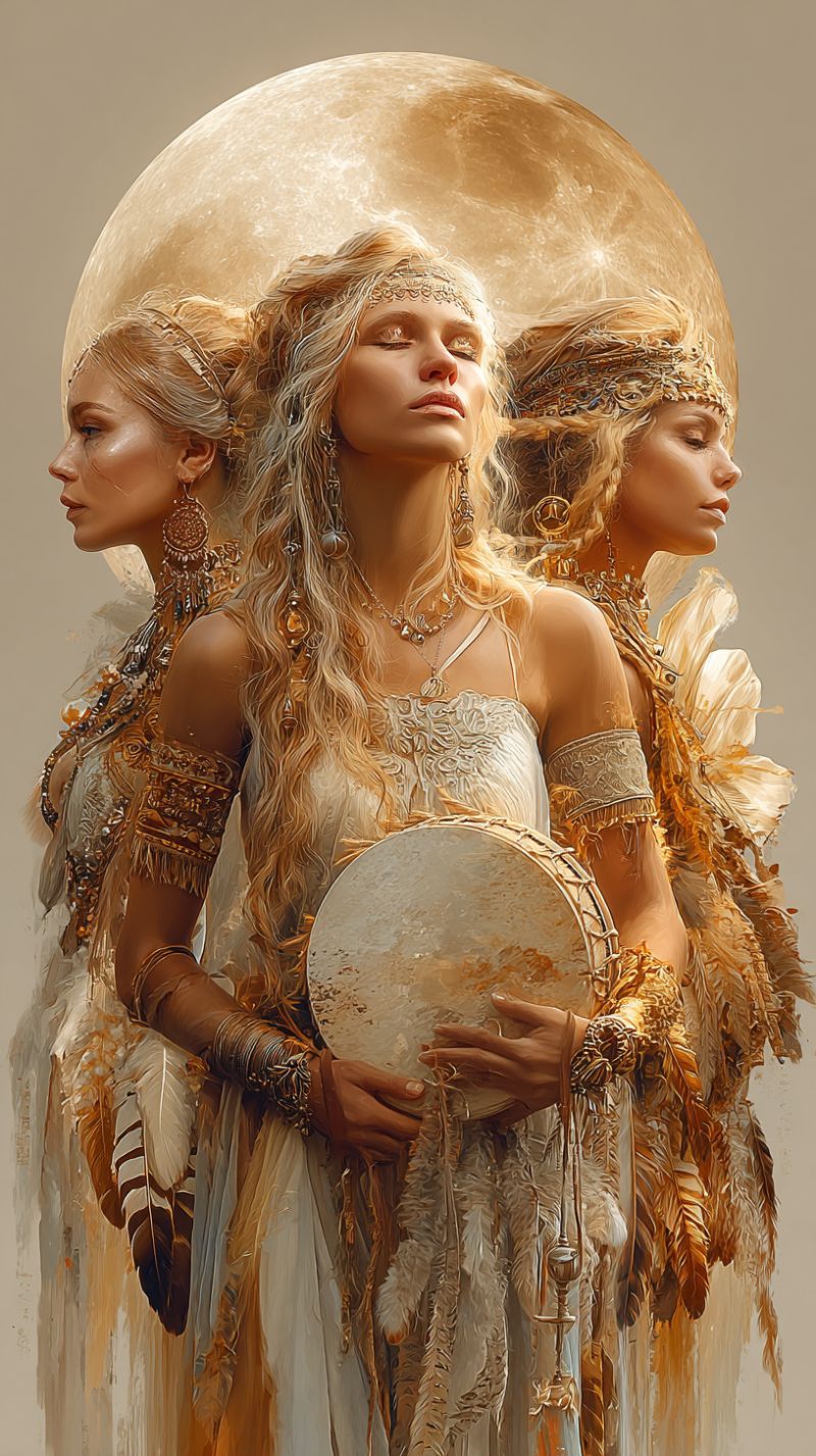 Femme fantaisie visage Trois femmes se tiennent devant une grande pleine lune éclatante. La femme au centre tient un tambour rond et doré dans ses mains, les yeux fermés dans une expression sereine. Elle porte une robe blanche ornée de broderies dorées complexes et de plumes. La femme à sa gauche a les yeux ouverts, regardant de côté, et porte un bandeau doré assorti à ses bijoux. La femme à sa droite, les yeux également fermés, porte un heaume doré assorti à ses bijoux. Les trois femmes ont de longs cheveux blonds flottants et sont parées d'accessoires dorés et plumeux.