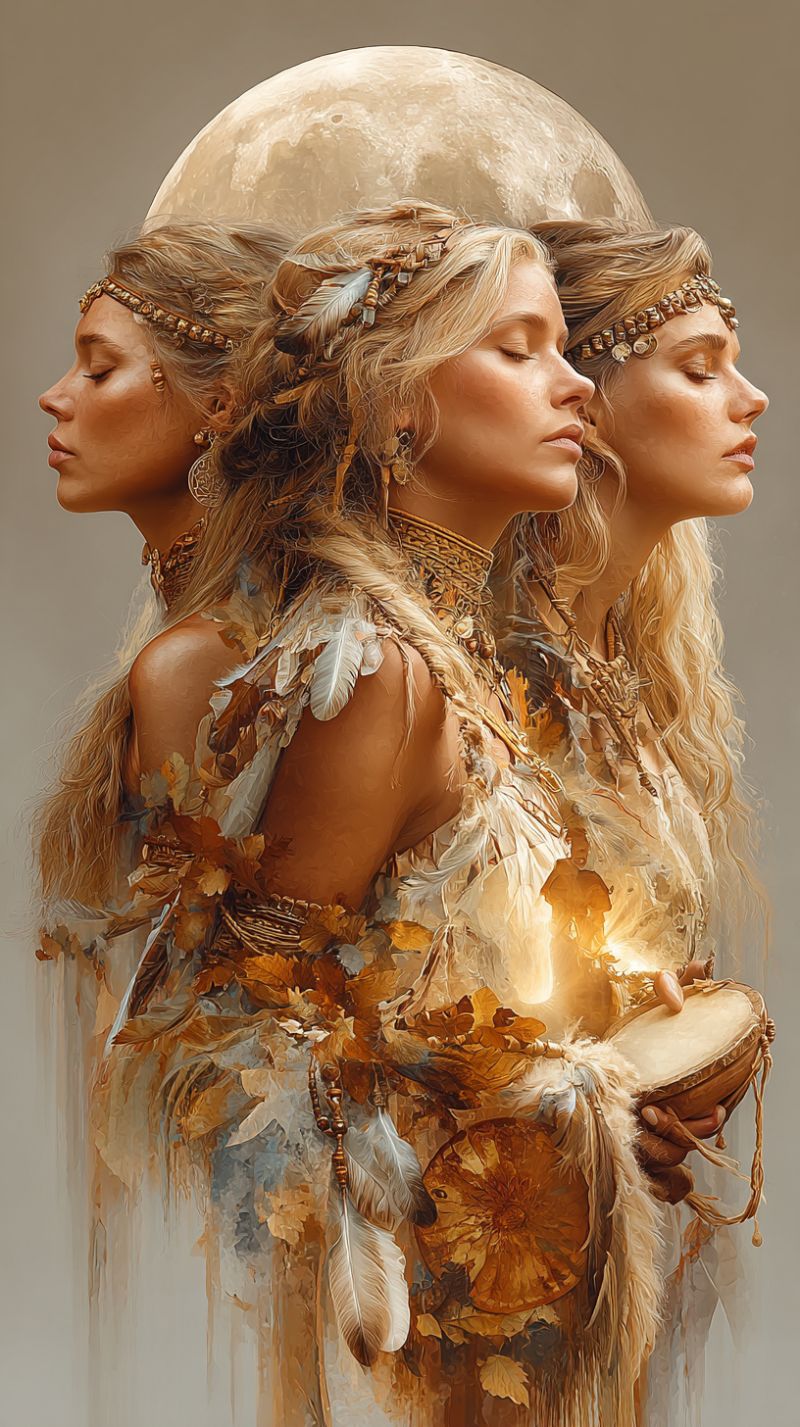 Beaute blond brillant concept contemporain culture decoratif design boucle oreille plume feminin feminines Trois femmes se tiennent en rang, chacune les yeux fermés, semblant être en transe ou en profonde méditation. La femme du centre tient un tambour dans ses mains, tandis que la femme à gauche tient un petit objet lumineux. La femme à droite porte un collier avec un pendentif. Les trois femmes sont parées de coiffes complexes faites de plumes et de perles, et leurs cheveux sont coiffés avec des plumes et des feuilles. L'arrière-plan présente une grande lune lumineuse, ajoutant une qualité mystique et éthérée à la scène.
