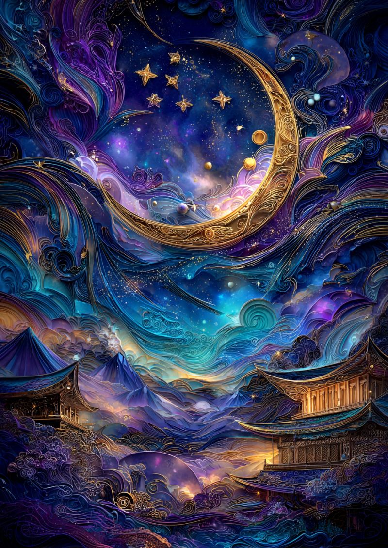 Etoiles planetes nuages montagnes temple architecture fantaisie oniresque mystique celeste cosmique espace nuit ciel croissant lune Paysage vibrant et surréaliste avec une grande lune crépusculaire dorée dominant le ciel. La lune est ornée de motifs dorés complexes et entourée d'un groupe d'étoiles, dont certaines sont plus grandes et plus lumineuses que d'autres. Le ciel est un mélange profond et tourbillonnant de bleus, de violets et d'or, avec des motifs abstraits en forme de vagues qui donnent l'impression de mouvement. Sous la lune, il y a deux bâtiments traditionnels, un de chaque côté de l'image, avec des toits dorés et des designs complexes. Les bâtiments sont placés sur fond de montagnes et de nuages, avec toute la scène baignée d'une lumière douce et éthérée. L'effet global est onirique et irréel, avec un sentiment de grandeur et de mystère.