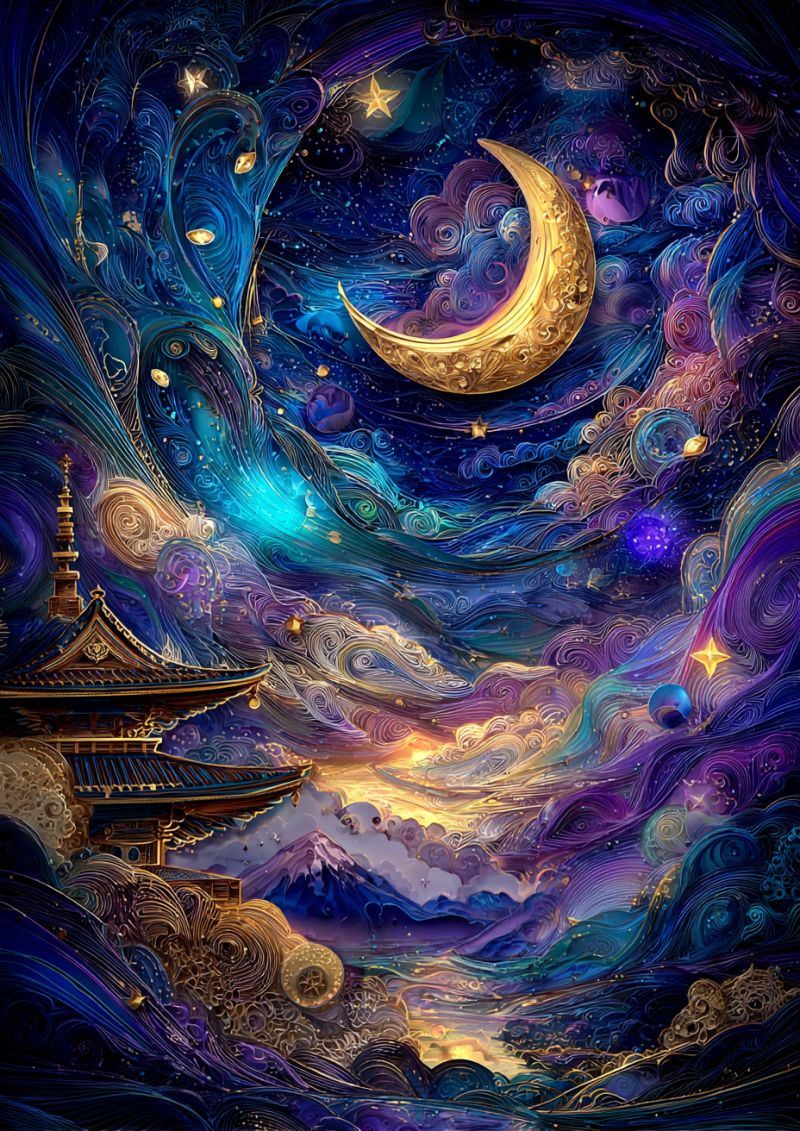 Stars clouds temple mountain water colorful fantasy dreamlike space cosmos celestial golden purple blue night sky crescent moon fantastical night sky filled with swirling, vibrant colors. A golden crescent moon is prominently displayed, surrounded by shimmering stars and celestial bodies. The sky is a blend of deep blues, purples, and teals, with intricate, wave-like patterns that give the impression of movement. In the foreground, there is a traditional Japanese pagoda, its roof adorned with golden accents, standing amidst a sea of swirling clouds. The pagoda is surrounded by a serene, glowing landscape that includes a silhouette of a mountain range. The overall scene is rich with detail, creating a dreamlike, otherworldly atmosphere.