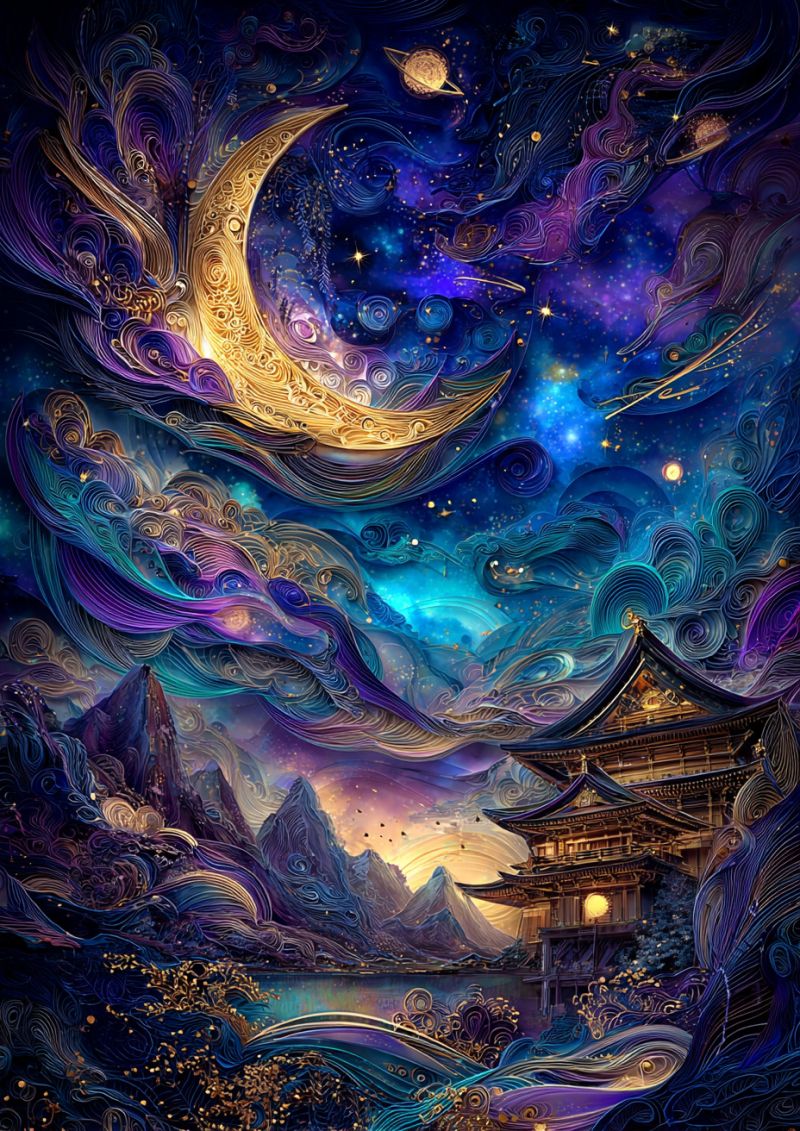 Moon stars clouds mountains temple water trees reflection building architecture fantasy imagination dreamlike colorful night sky serene night scene with a crescent moon and stars in the sky. The moon is golden and surrounded by swirling, intricate patterns in shades of blue, purple, and gold. The sky is a deep blue with hints of green and purple, filled with stars and celestial bodies. Below the sky, there is a traditional Japanese building with a tiled roof and a lantern glowing softly. The building is surrounded by a tranquil lake with gentle ripples. In the background, there are mountains with a hint of orange at the horizon, adding to the peaceful and mystical atmosphere.