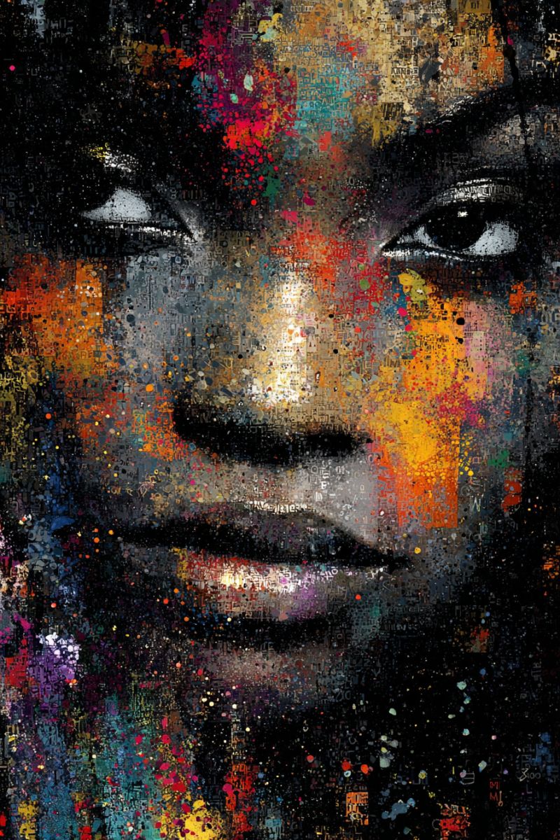 Painting woman colorful artist design ideas inspiration techniques tutorial tools types A vibrant and abstract portrait of a woman's face, created with a mix of bold and soft colors. The face is composed of various shapes and dots, with a focus on the eyes, nose, and mouth. The background is a mix of red, yellow, blue, and green colors, with some white and black dots scattered throughout. The woman's face is surrounded by a mix of colors, including red, yellow, blue, and green, with some white and black dots scattered throughout.
