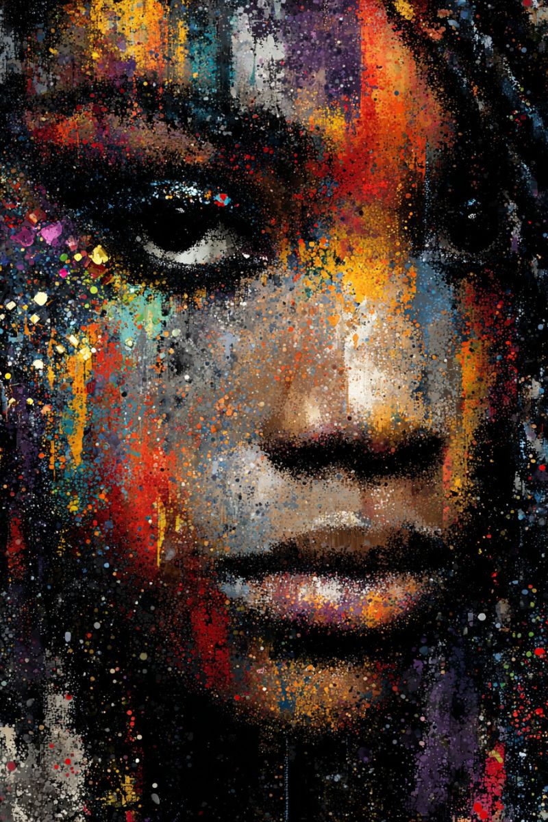 Coloree texture expression emotion moderne contemporain eclaboussures dynamique creatif unique imagination Portrait en gros plan du visage d'une femme, peint dans un style vibrant et abstrait. Le visage est recouvert d'un mélange de couleurs vives et sombres, incluant des rouges, des bleus, des jaunes et des violets, créant un effet dynamique et énergique. Les yeux de la femme sont grands et expressifs, avec une pointe de tristesse ou de contemplation dans son regard. Ses lèvres sont légèrement entrouvertes, et sa peau est texturée avec une variété de coups de pinceau et de giclées de peinture. Le fond est un mélange de couleurs sombres et claires, avec quelques points et lignes éparpillés ajoutant à l'ambiance abstraite globale de l'oeuvre