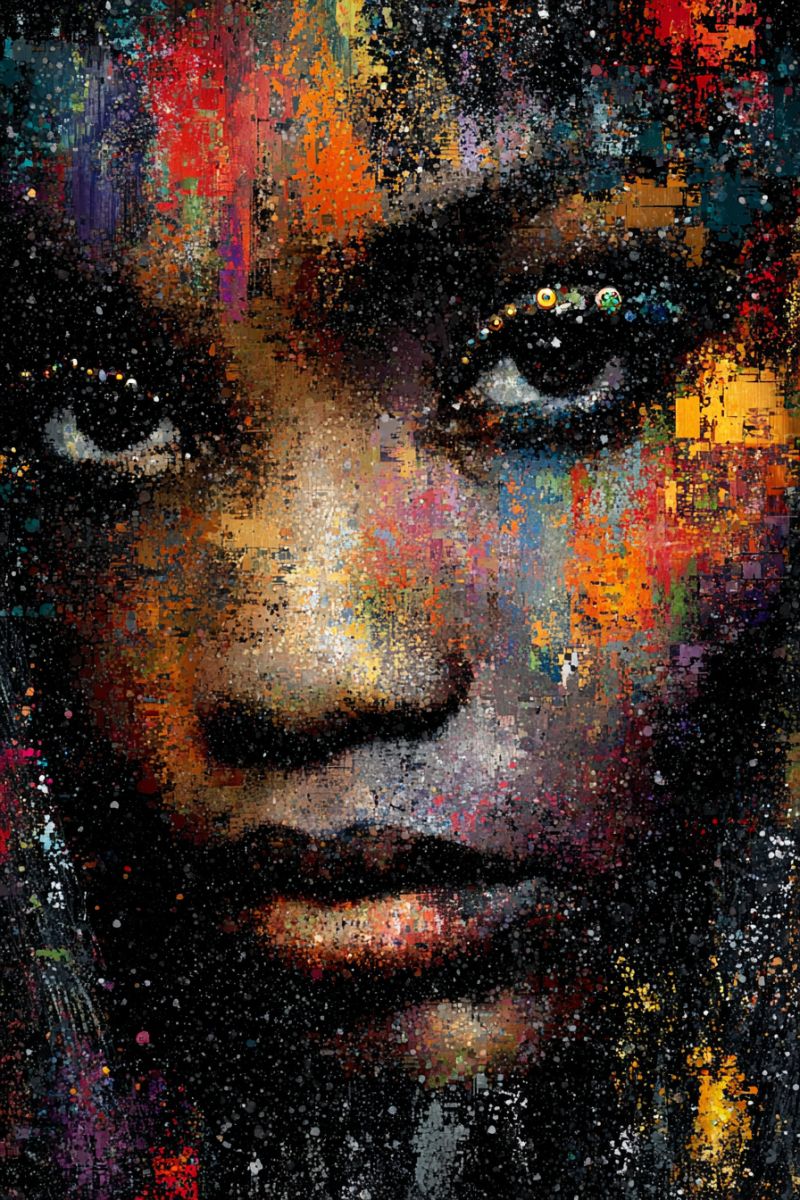 Painting colorful woman beauty modern contemporary gallery piece vibrant and abstract portrait of a woman's face. The face is composed of numerous small, colorful dots and specks, creating a mosaic effect. The colors are predominantly warm, with hues of red, orange, yellow, and purple dominating the scene. The eyes are large and expressive, with a mix of blue and green dots that give them a sparkling appearance. The eyebrows are thick and arched, adding to the intensity of the gaze. The nose and lips are also detailed with a variety of colors, blending seamlessly into the surrounding dots. The background is a mix of dark and light areas, with some parts appearing more solid and others more fragmented. The overall effect is dynamic and lively, with a strong sense of movement and energy.
