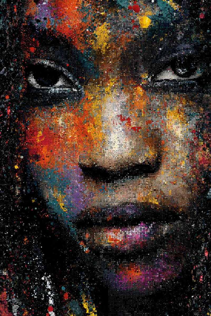 Mosaic colorful pixelated pixel painting drawing sketch design pattern texture vibrant and detailed portrait of a woman's face, created using a mosaic technique. The face is composed of numerous small, square tiles in various colors, including shades of red, orange, yellow, blue, green, and purple. The tiles are meticulously arranged to form the woman's features, including her eyes, nose, lips, and cheeks. The eyes are large and expressive, with a mix of dark and light tiles creating depth and texture. The nose is prominent, with a mix of red and yellow tiles adding a sense of warmth. The lips are full and painted in shades of pink and purple, with a hint of yellow. The cheeks are adorned with a mix of blue and purple tiles, giving the face a lively and dynamic appearance. The background is a mix of dark and light tiles, creating a sense of depth and dimension. Overall, the portrait is a stunning example of the artist's skill and creativity, showcasing the beauty and complexity of the human face through the use of mosaic tiles.