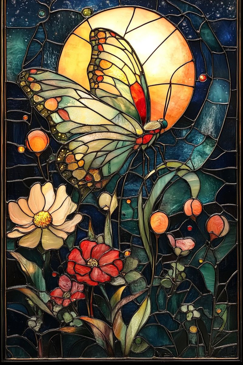 Stained glassss butterfly glass night sky garden flowers tiffany wall sunset colorful vibrant stained glass window featuring a butterfly. The butterfly is the central figure, with its wings spread wide and open to the left side of the image. It appears to be a close-up view of the butterfly, showcasing its intricate details. The background of the stained glass window is composed of various patterns, including what seems like a night sky with stars and clouds, adding depth to the scene. The colors used in the artwork are predominantly shades of blue, green, and red, which give it a lively and colorful appearance. At the bottom of the image, there are depictions of plants and flowers, enhancing the naturalistic feel of the artwork. A full moon is visible on the right side of the background, contributing to the overall theme of nature and nocturnal beauty. The window is framed by a dark border that contrasts with the bright colors within, making the stained glass design stand out even more.