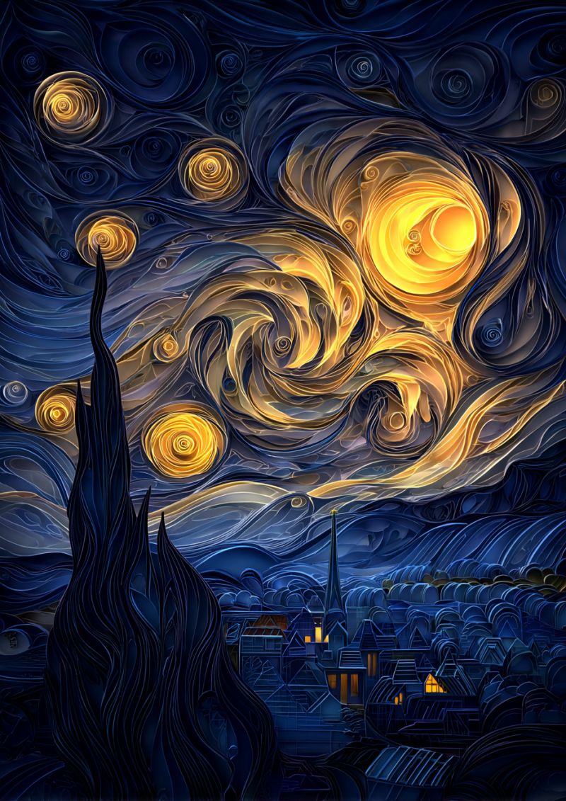 Stars moon painting colorful texture design town buildings spire trees dark shadows depth perspective night sky stylized night sky with swirling patterns of blue and yellow. The sky is filled with large, swirling yellow and blue shapes that resemble waves or spirals. In the foreground, there are dark, elongated shapes that could be interpreted as trees or plants. Below the sky, there is a small town with several buildings, some of which have windows lit up, suggesting it is nighttime. The overall composition is dynamic and abstract, with a focus on the swirling patterns of the sky.