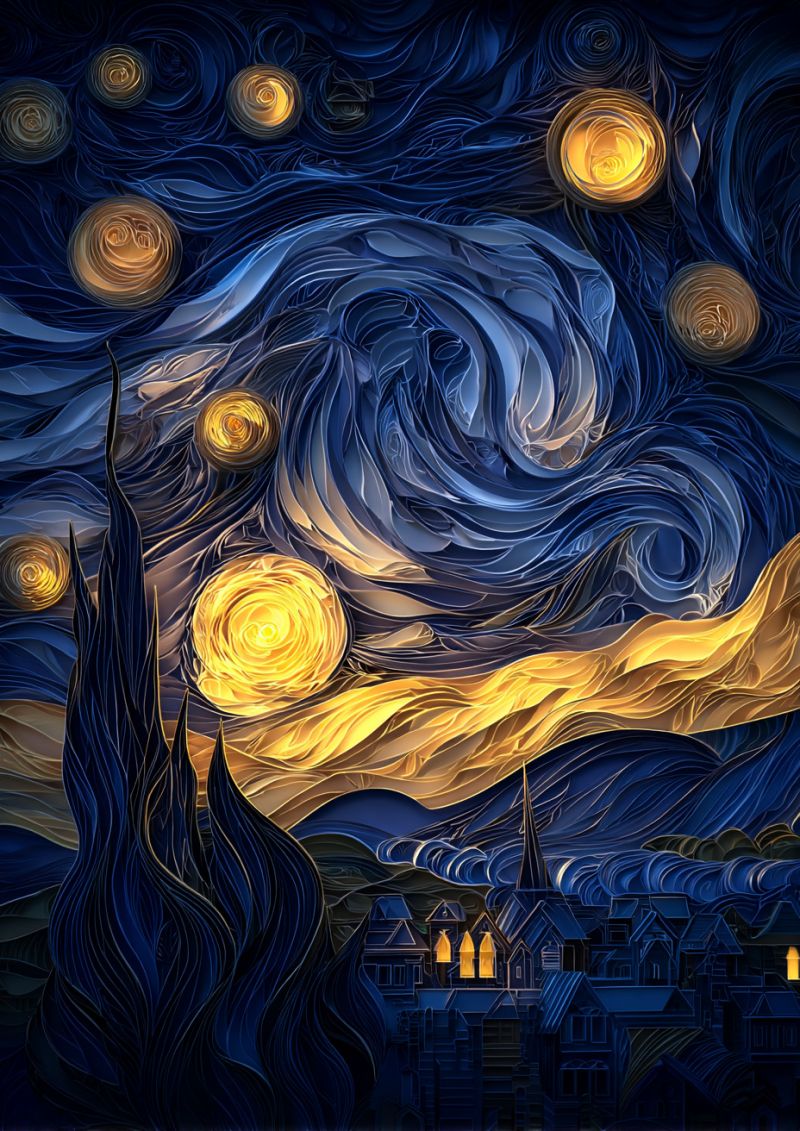 Nuit ciel etoiles lune village maisons arbres collines eau reflet texture imagination Ciel de nuit stylisé avec des motifs bleus et jaunes tourbillonnants. Le ciel est rempli d'éléments dorés et bleus, grands, circulaires et superposés, qui ressemblent à des galaxies ou des nébuleuses tourbillonnantes. Au premier plan, il y a des formes allongées sombres qui ressemblent à des arbres ou des branches. Sous le ciel, il y a un petit village avec plusieurs maisons, dont l'une a un clocher et des fenêtres lumineuses. La scène globale est vibrante et dynamique, avec un mélange de bleus profonds et de jaunes chauds créant un contraste saisissant.