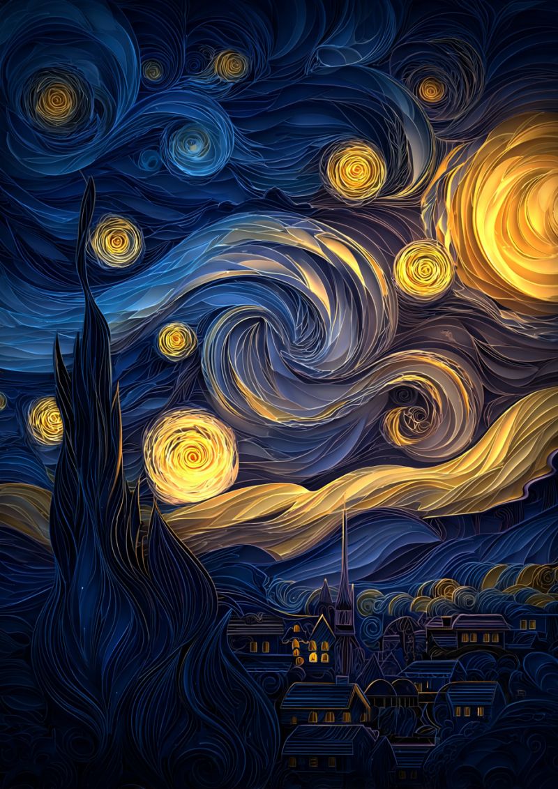 Painting village houses church spire trees cypress yellow blue gold dark night stars swirls waves starry sky stylized night sky filled with swirling patterns of blue and yellow. The sky is dominated by large, swirling yellow and blue circles, reminiscent of stars, with a prominent yellow circle on the right side. The sky transitions from deep blue to lighter shades, creating a sense of depth. Below the sky, a small town is visible, with buildings and a church steeple. The town is bathed in a warm, golden light, contrasting with the cool tones of the sky. The overall effect is dynamic and vibrant, with a sense of movement and energy.