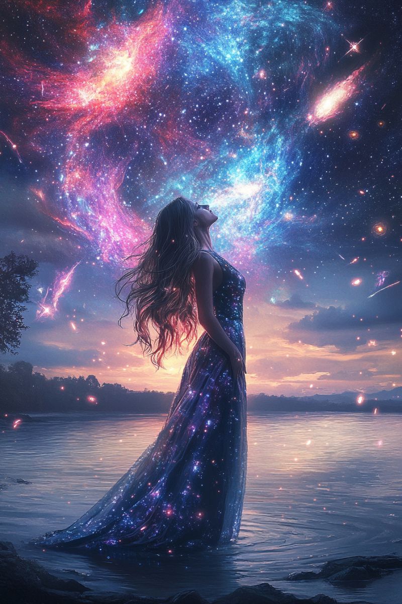 Beautiful woman long dress gazing at the universe beautiful woman long dress gazing at the universe