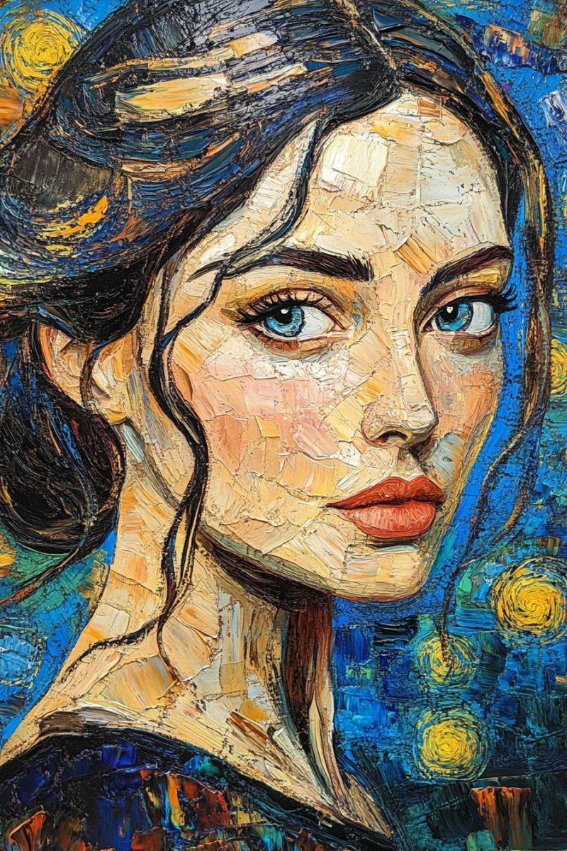 Woman modern stylish mosaic painting contemporary female fine blue portraiture This is a digital artwork featuring a woman with striking features. She has long, flowing hair and piercing blue eyes that gaze out of the image. Her facial expression appears calm and serene. The background is a blue sky with scattered stars, adding a sense of depth and vastness to the piece. The painting style uses a technique called pointillism or stippling, which involves applying small dots of paint to form an image. This method gives the artwork a textured and somewhat mosaic-like appearance. The subject matter includes portraiture and landscape elements, creating a beautiful blend of the human figure with the natural world.