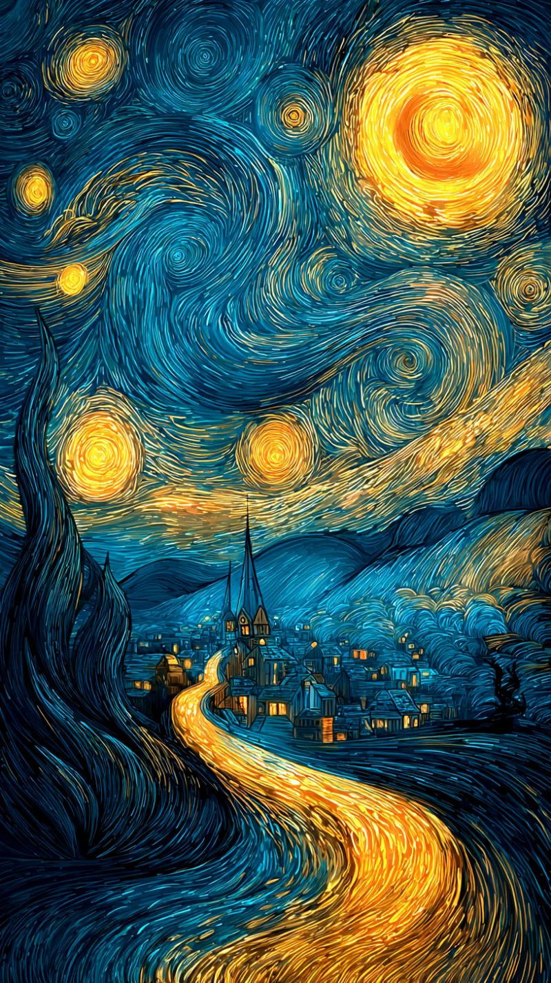 Nuit ciel etoiles village route ville impressionnisme expressionnisme post dynamique texture van gogh moderne La peinture représente un ciel nocturne rempli d'étoiles jaunes et orange tourbillonnantes et vibrantes sur un fond bleu profond. Les étoiles sont représentées avec des motifs tourbillonnants dynamiques, créant un sentiment de mouvement. Au premier plan, une route sinueuse s'étend à travers une petite ville, avec des maisons et des bâtiments bordant la rue. La ville est baignée d'une lumière chaude et dorée, contrastant avec les tons froids du ciel nocturne. La route mène à un clocher d'église au loin, ajoutant une sensation de profondeur et de perspective à la scène. L'ambiance générale est sereine et contemplative, avec les étoiles tourbillonnantes et la ville paisible créant une atmosphère tranquille.
