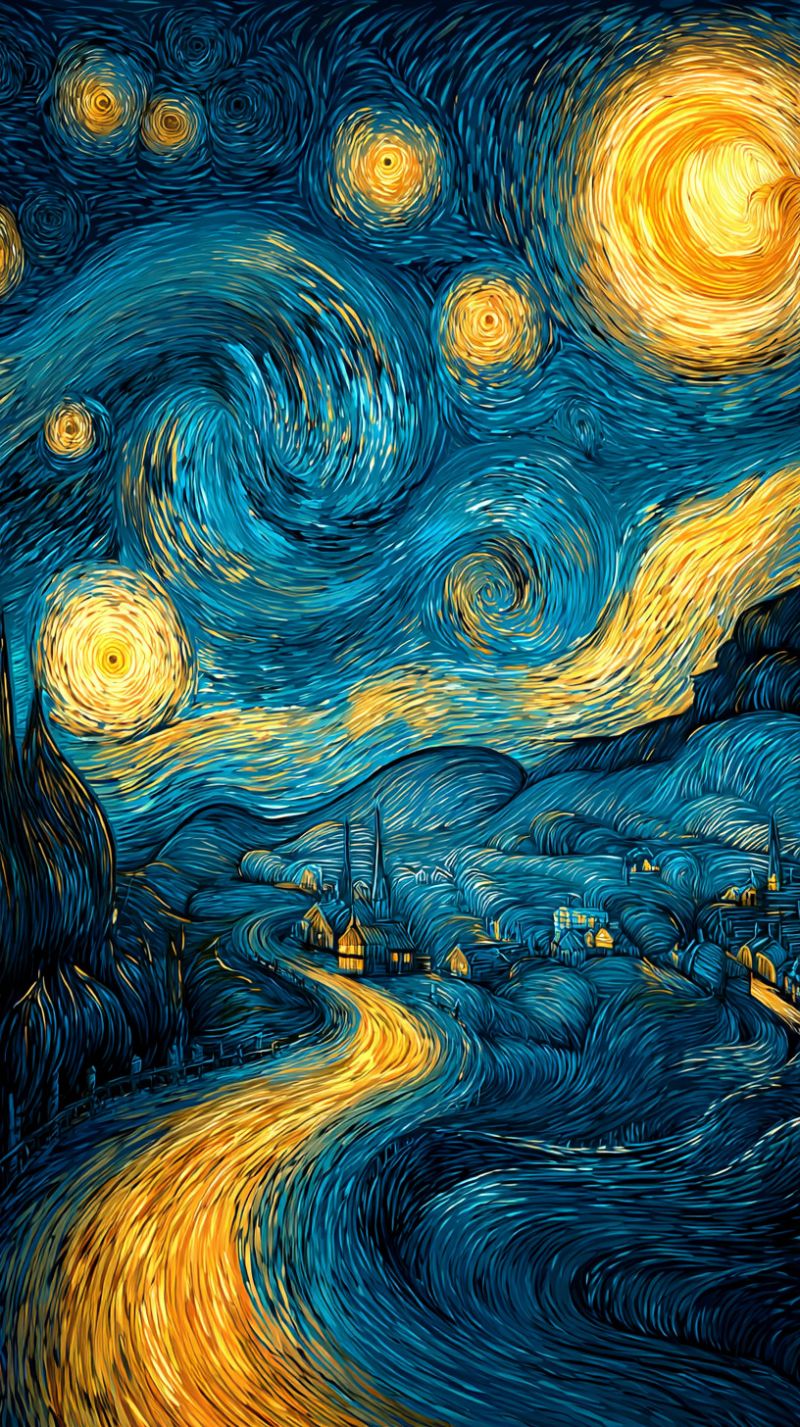 Night sky stars painting village road trees houses mountains The painting depicts a night sky filled with swirling, vibrant blues and yellows, reminiscent of Van Gogh's 
