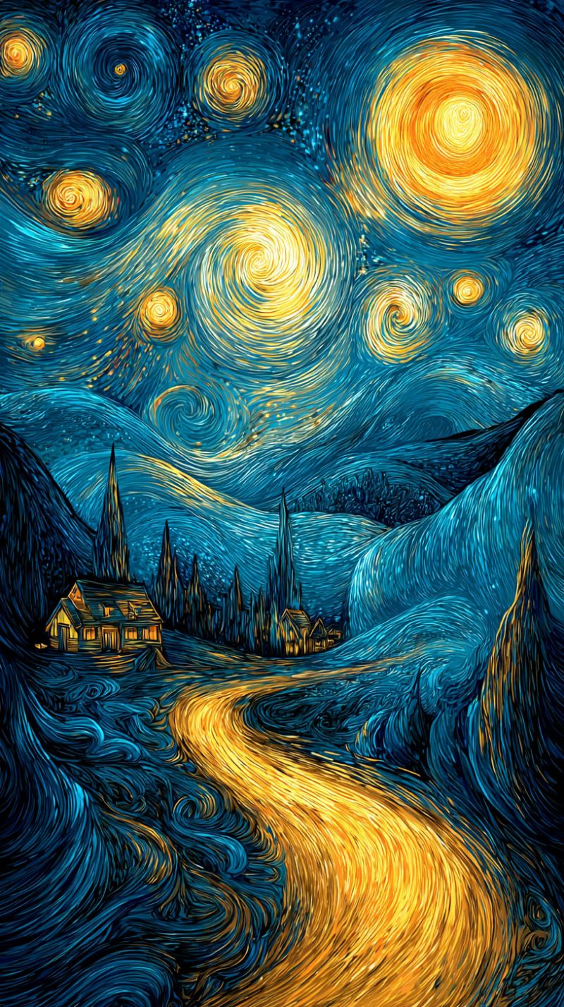 Night sky stars house road trees mountains village impressionism post impressionist paintings van gogh starry The painting depicts a night sky filled with swirling, vibrant blue and yellow patterns, reminiscent of Van Gogh's 