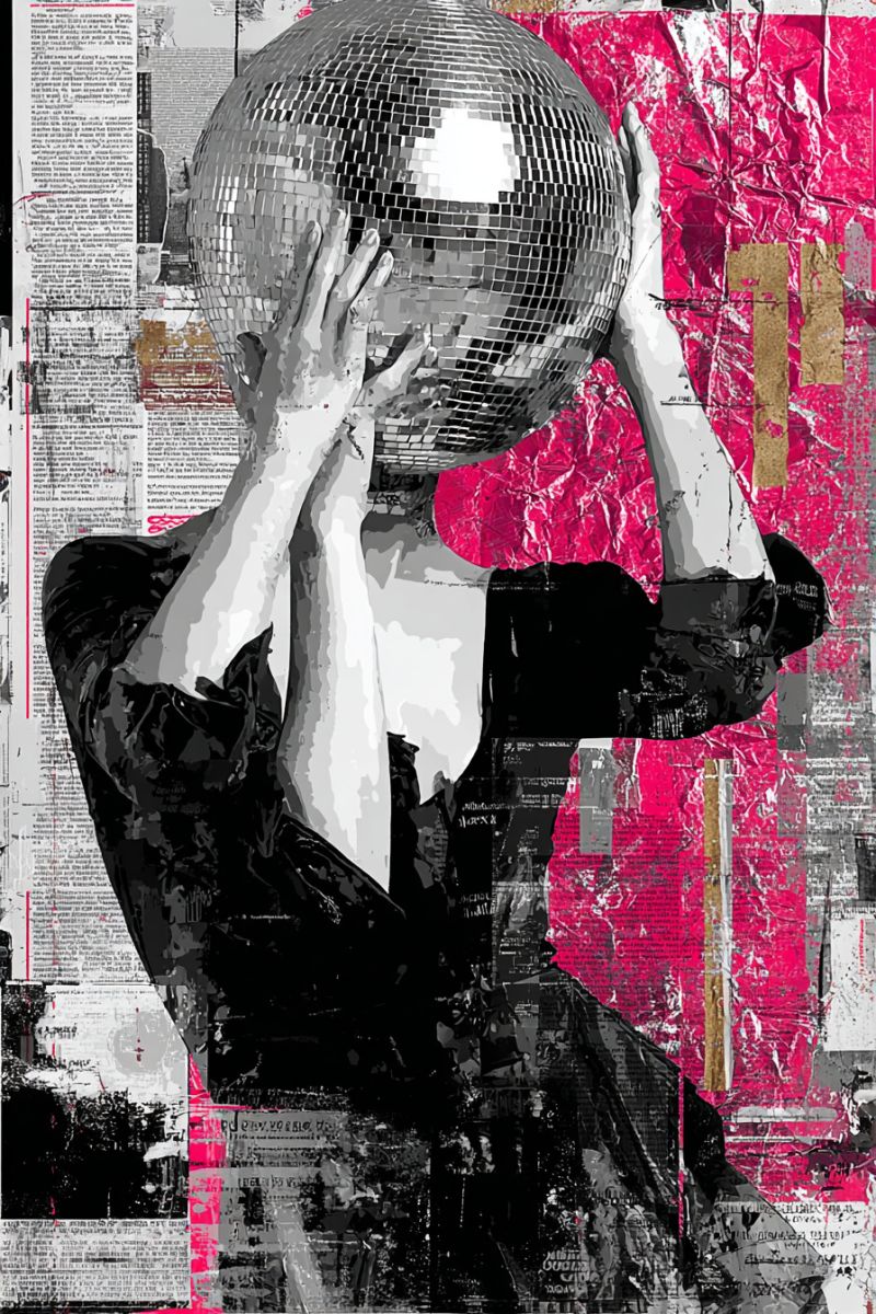 Femme collage moderne graphique urbain contemporain creatif design minimaliste culture rue bal disco pop Une femme en robe noire tient une grande boule de discothèque brillante devant son visage. La boule de discothèque reflète la lumière, créant un effet étincelant. Le fond est un collage de divers éléments, y compris des coupures de journaux, une surface à motifs rose et blanc, et une ligne dorée. Les mains de la femme sont positionnées sur la boule de discothèque, et ses doigts sont écartés. L'image a un schéma de couleurs monochrome, la boule de discothèque étant le seul élément avec une surface brillante et réfléchissante.