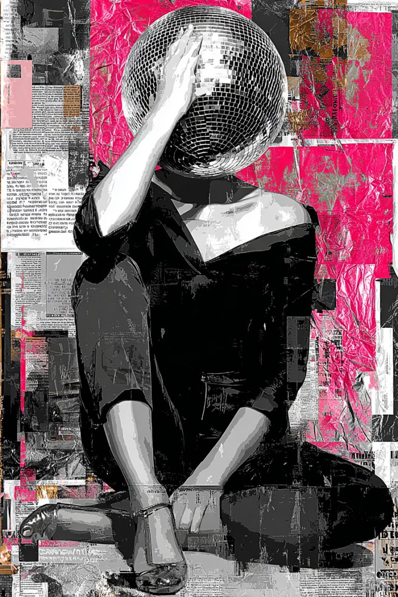 Femme assise collage moderne urbain contemporain graphique minimalisme bal disco pop rue Une femme est assise par terre les jambes croisées, portant une robe noire et des talons hauts. Elle a les mains sur la tête, couvrant son visage. Le fond est un collage de divers matériaux, y compris des coupures de journaux, du plastique et d'autres textures, principalement dans des nuances de rose et de noir. La silhouette de la femme est en noir et blanc, contrastant avec le fond coloré.