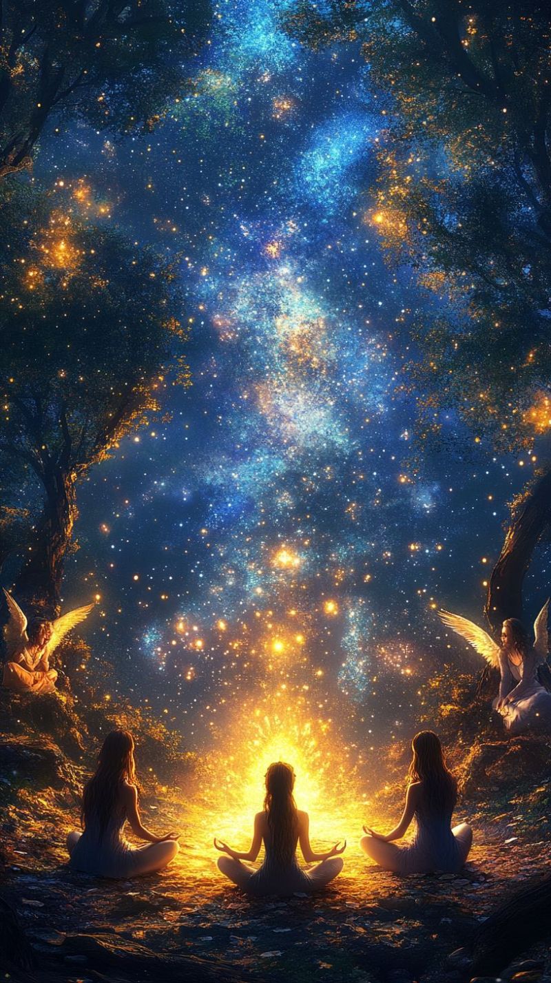 Fantastique cosmique nebuleuses espace yoga nature paisible ciel etoile mindfulness environnement meditation feminine harmoni Un ciel nocturne vibrante et fantastique, qui paraît avoir été altéré ou créé numériquement. Au foreground, se trouvent deux figures en méditation sur les deux côtés d'une colonne lumineuse centrale. Elles semblent être des silhouettes et leurs poses suggèrent une relaxation ou une pratique spirituelle. La personne à gauche est assise à genoux croisés, avec les mains reposant sur les genoux, tandis que la figure à droite a ses jambes étendues en avant et ses bras pliés sur le torse. Le fond montre un ciel étoilé détaillé rempli de particules lumineuses, créant un effet éthéréal comme si les étoiles tombaient ou étaient libérées. Il y a une sensation de mouvement et d'énergie provenant de ce fond céleste qui donne à la scène une apparence dynamique. La palette de couleurs consiste en des bleus profonds pour le ciel et des jaunes et oranges chauds pour les effets lumineux, créant un contraste frappant qui renforce l'atmosphère magique. L'impression générale est celle d'une méditation paisible au milieu d'un spectacle cosmique étrange, susceptible de susciter des sentiments de paix, d'éclaircie et de connexion avec la nature. Cette image a une qualité rêveuse qui suggère qu'elle pourrait être utilisée pour diverses fins telles que l'artwork pour les albums de musique ou les médias fantastiques.